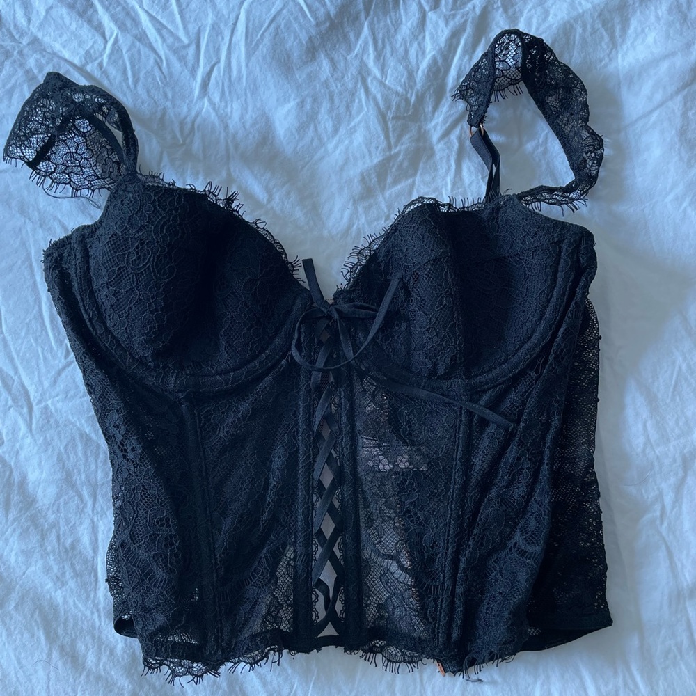 Victorias Secret Black Lace Up Top